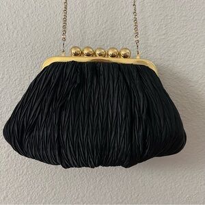 Vintage Black Pleated Sateen Carla Marchi Clutch Gold Frame Chain Strap